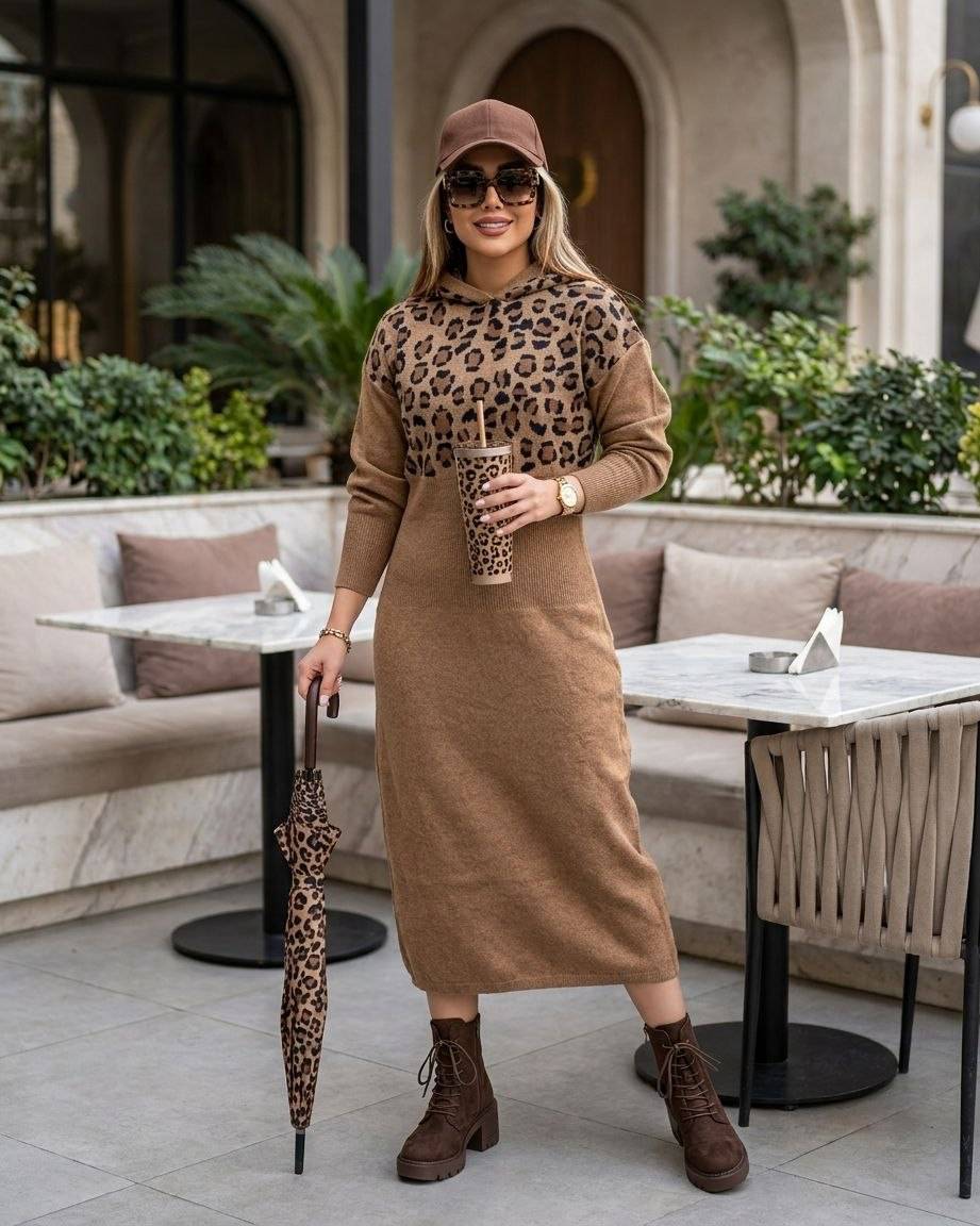 کفتان بافت پلنگی کلاهدار مدل ژیوان